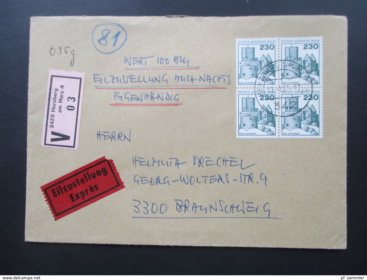 Berlin Freimarken BuS Nr. 590 Als 4er Block. Portogerecht! Wertbrief / Eilzustellung / Eigenhändig! Bahnpost - Brieven En Documenten