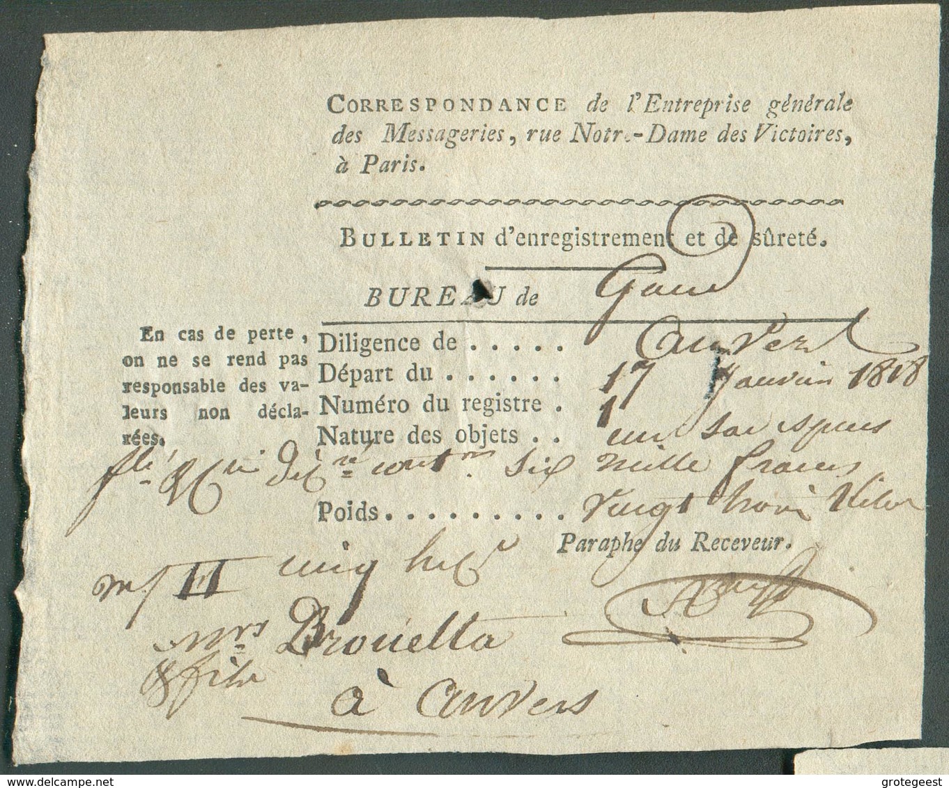 Bordereau Bulletin D'enregistrement Et De Sûreté, Correspondance De L'Entreprise Générale De MESSAGERIES à Paris Pour Le - 1815-1830 (Hollandse Tijd)