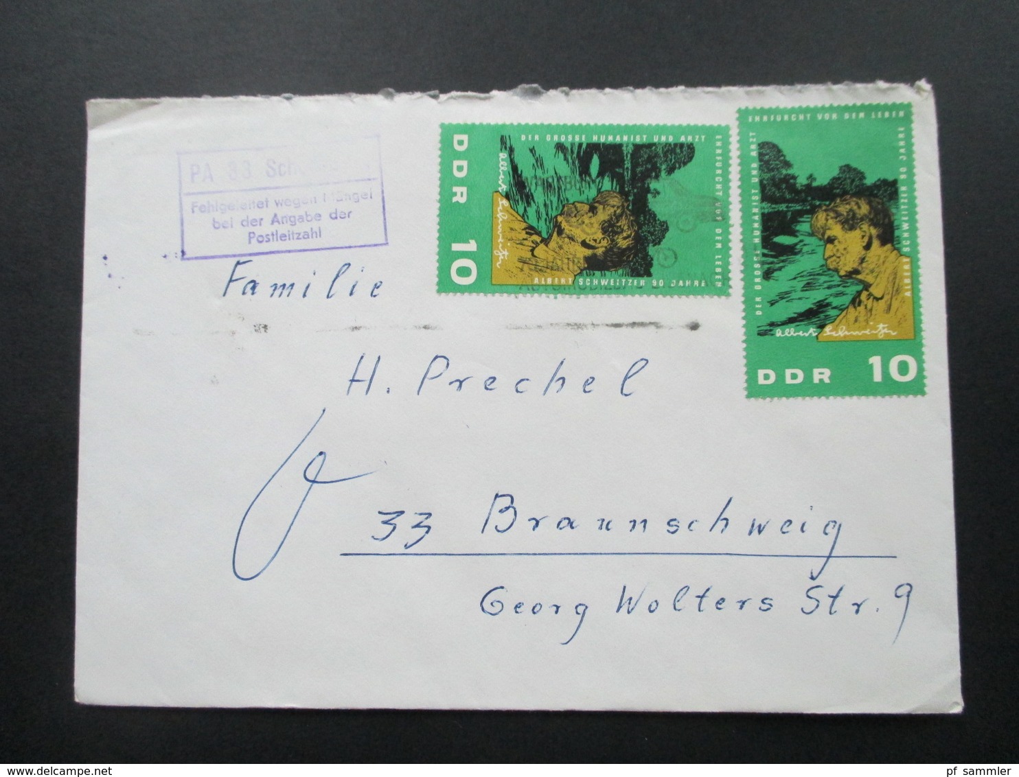 DDR Albert Schweitzer Nr. 1084 MeF. Stempel: PA 33 Fehlgeleitet Wegen Mängel Bei Der Angabe Der Postleitzahl - Covers & Documents