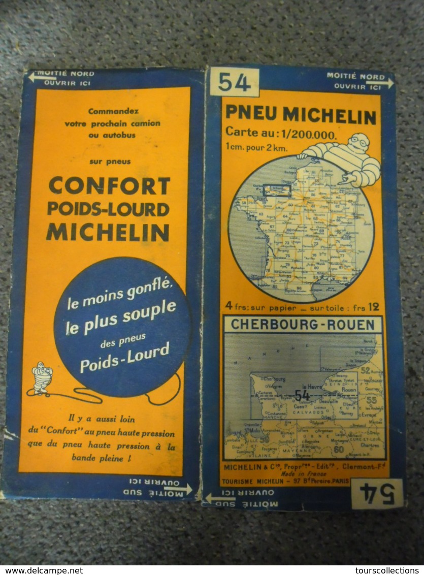 Carte MICHELIN De 1933 - BIBENDUM FRANCE Cherbourg Rouen N° 54 Pub Confort Pneu Poids Lourd Michelin (1cm Pour 2 Km) - Callejero