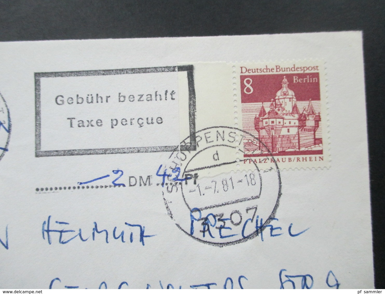 Berlin Freimarken 6 Belege mit Stempel: Gebühr bezahlt Taxe percue mit handschrift. Eintrag. verschiedene Stempelfarben!