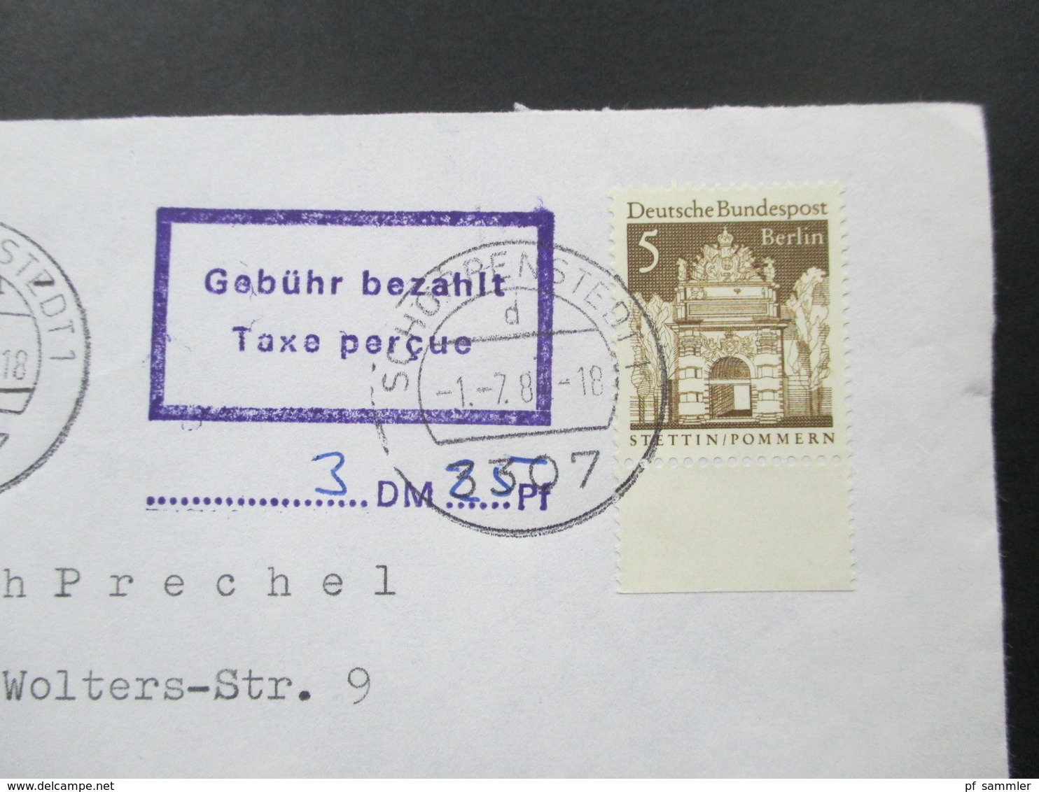 Berlin Freimarken 6 Belege mit Stempel: Gebühr bezahlt Taxe percue mit handschrift. Eintrag. verschiedene Stempelfarben!