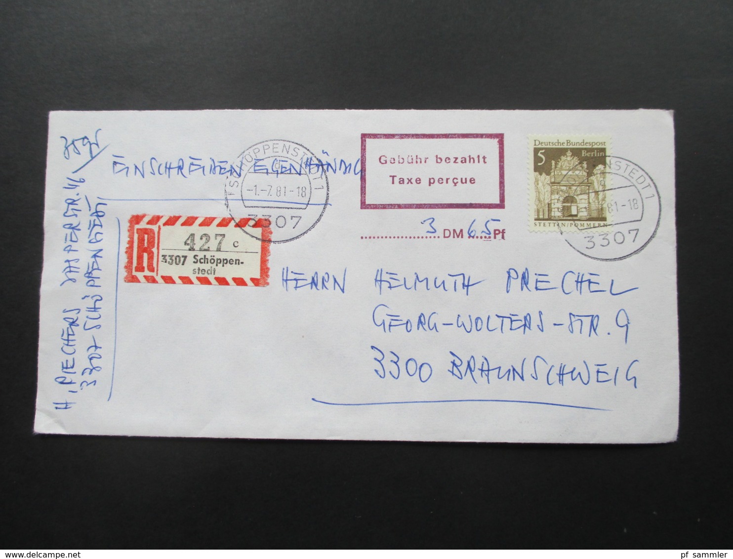 Berlin Freimarken 6 Belege mit Stempel: Gebühr bezahlt Taxe percue mit handschrift. Eintrag. verschiedene Stempelfarben!