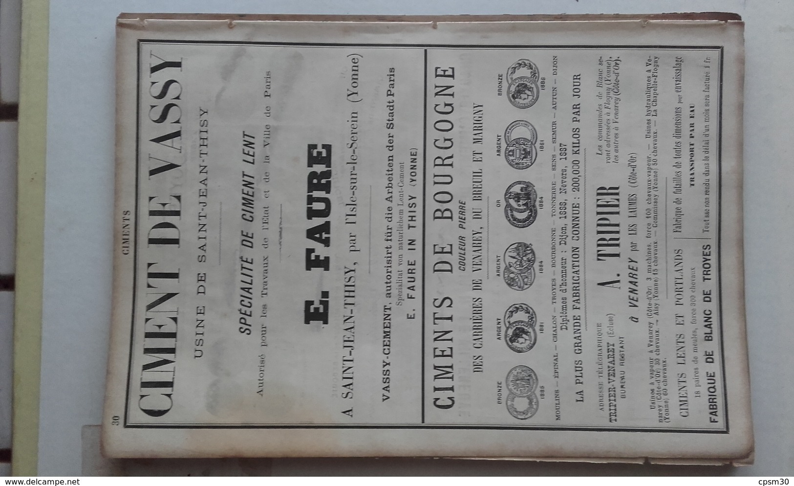 PUB 1889 - CIMENT Rue Cannebière Marseille, Ports Cassis Et Marseille, Ciment Vassy à St-Jean-Thisy 89 Et à Venarey 21 - Pubblicitari