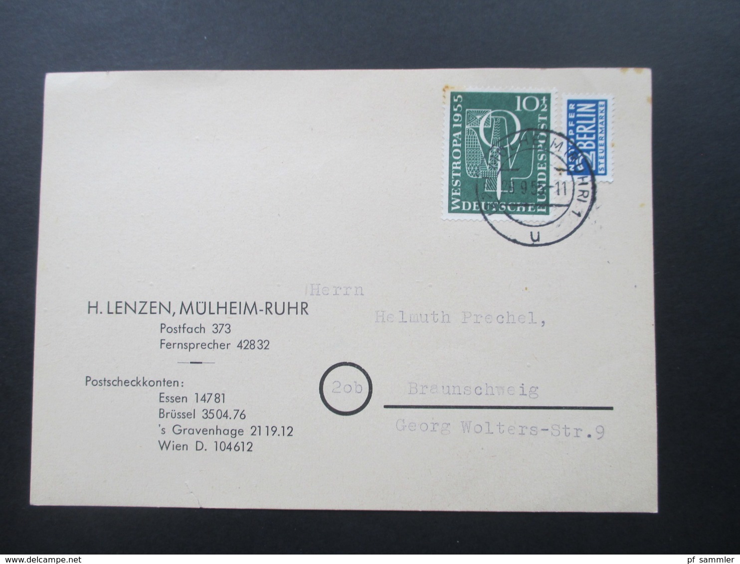 BRD Postkarte Michel Nr. 217 EF H. Lenzen, Mühlheim Ruhr. - Briefe U. Dokumente