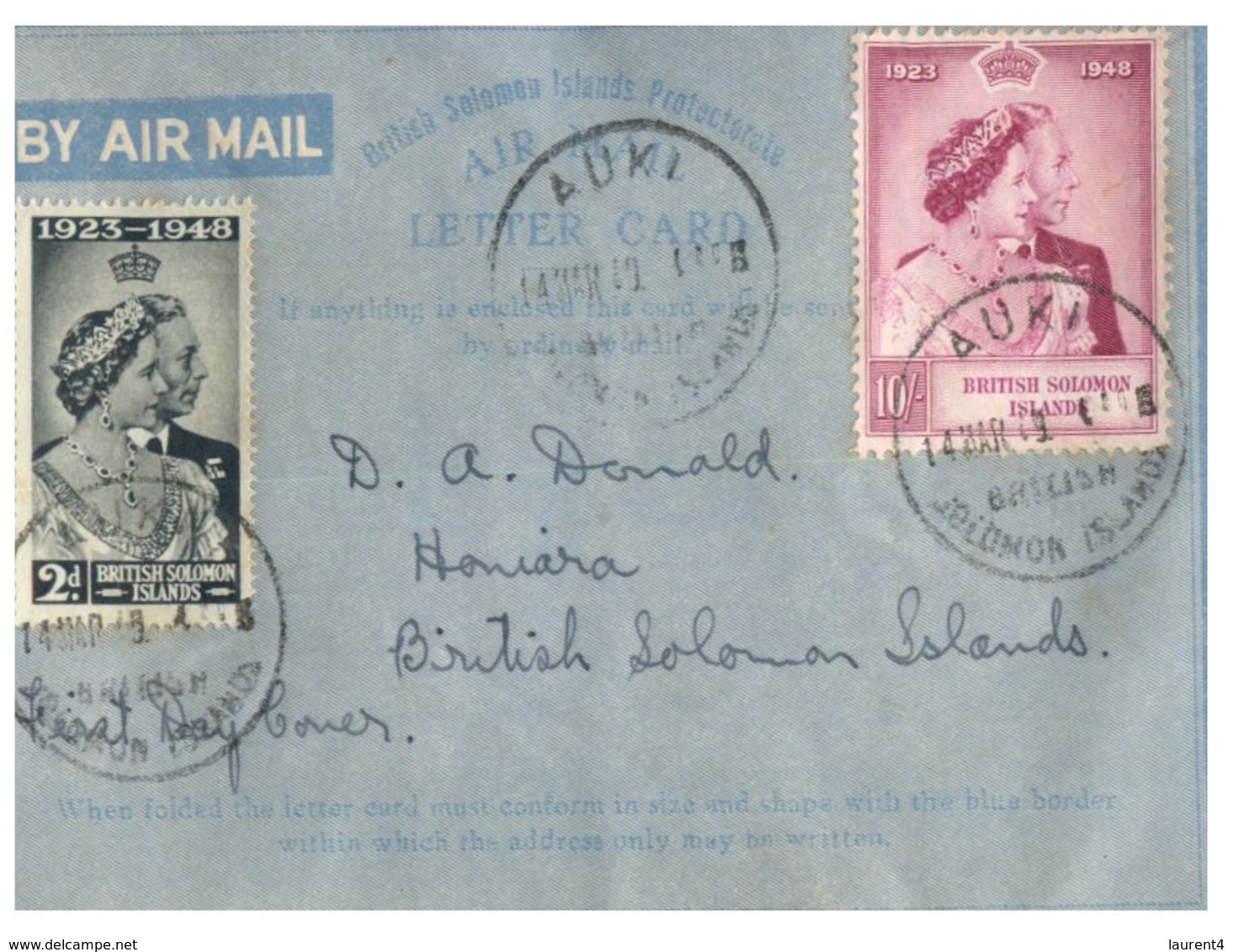 (101) British Solomon Island FDC Air Letter Cover - 1948 - - British Solomon Islands (...-1978)