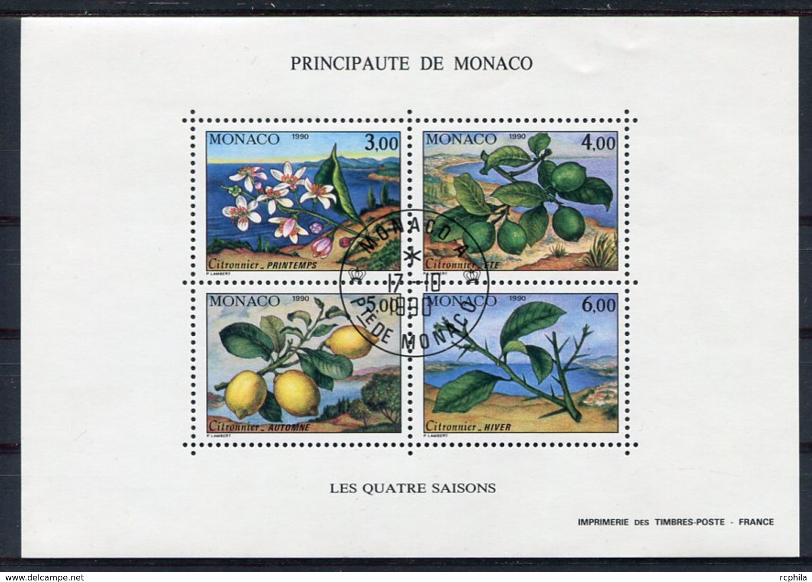 RC 8793 MONACO BF 51 LES 4 SAISONS DU CITRONNIER BLOC FEUILLET OBLITÉRÉ TB - Blocks & Sheetlets