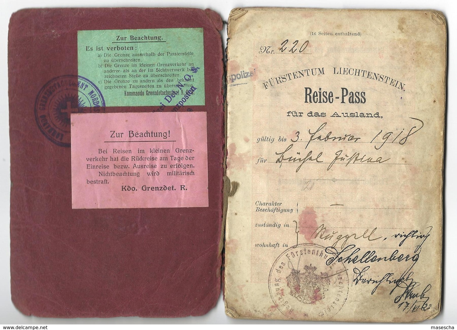 Passeport - Reisepass LIECHTENSTEIN 1915 - Documenti Storici