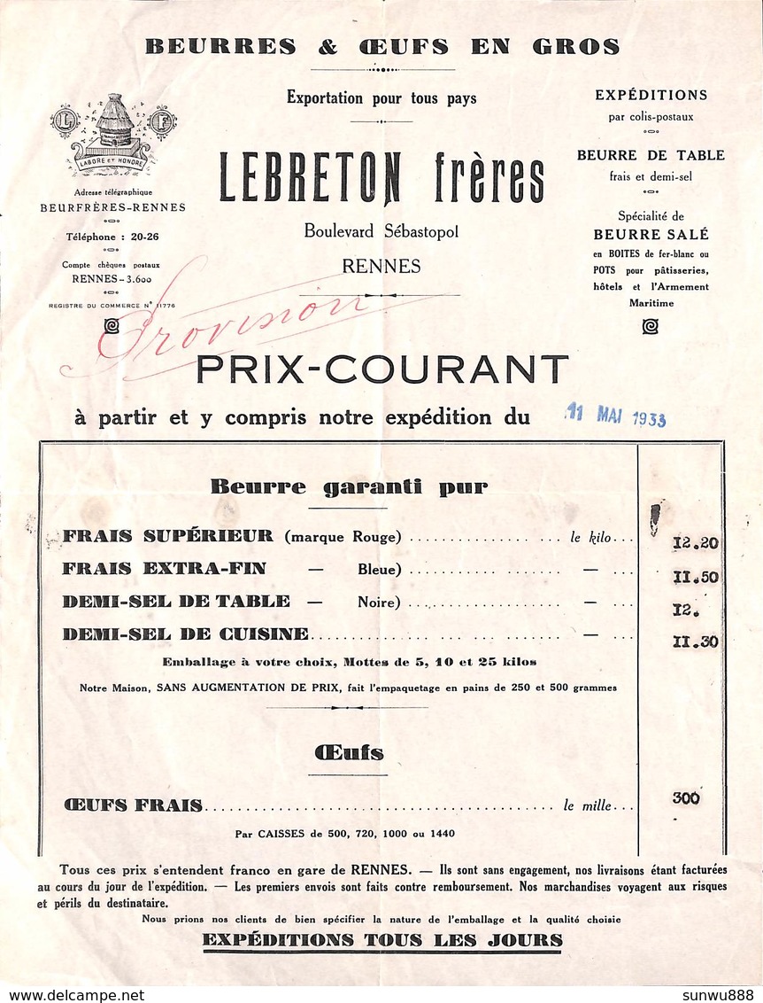 Rennes - Beurres & Oeufs En Gros - Lebreton Frères (prix Courant 1933) - 1900 – 1949