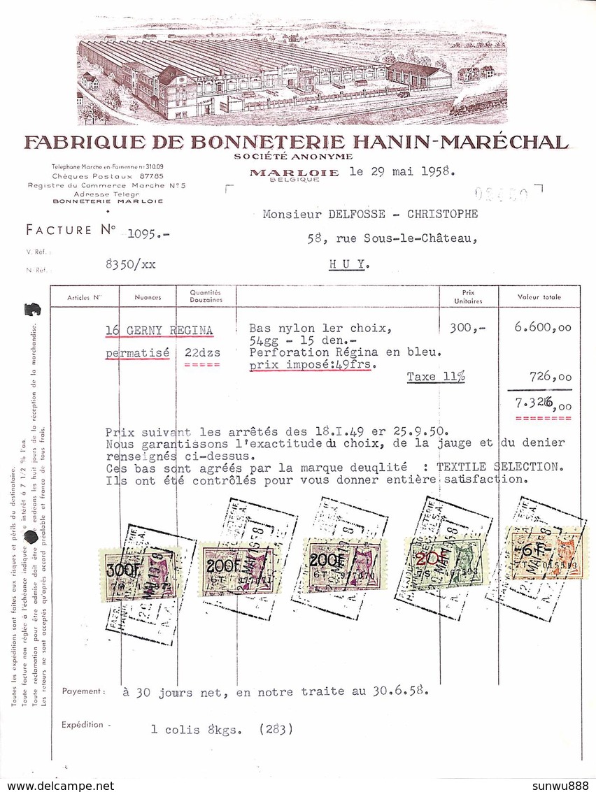 Fabrique Bonneterie Hanin-Maréchal Marloie 1958 (Illustrée Timbres) - 1950 - ...