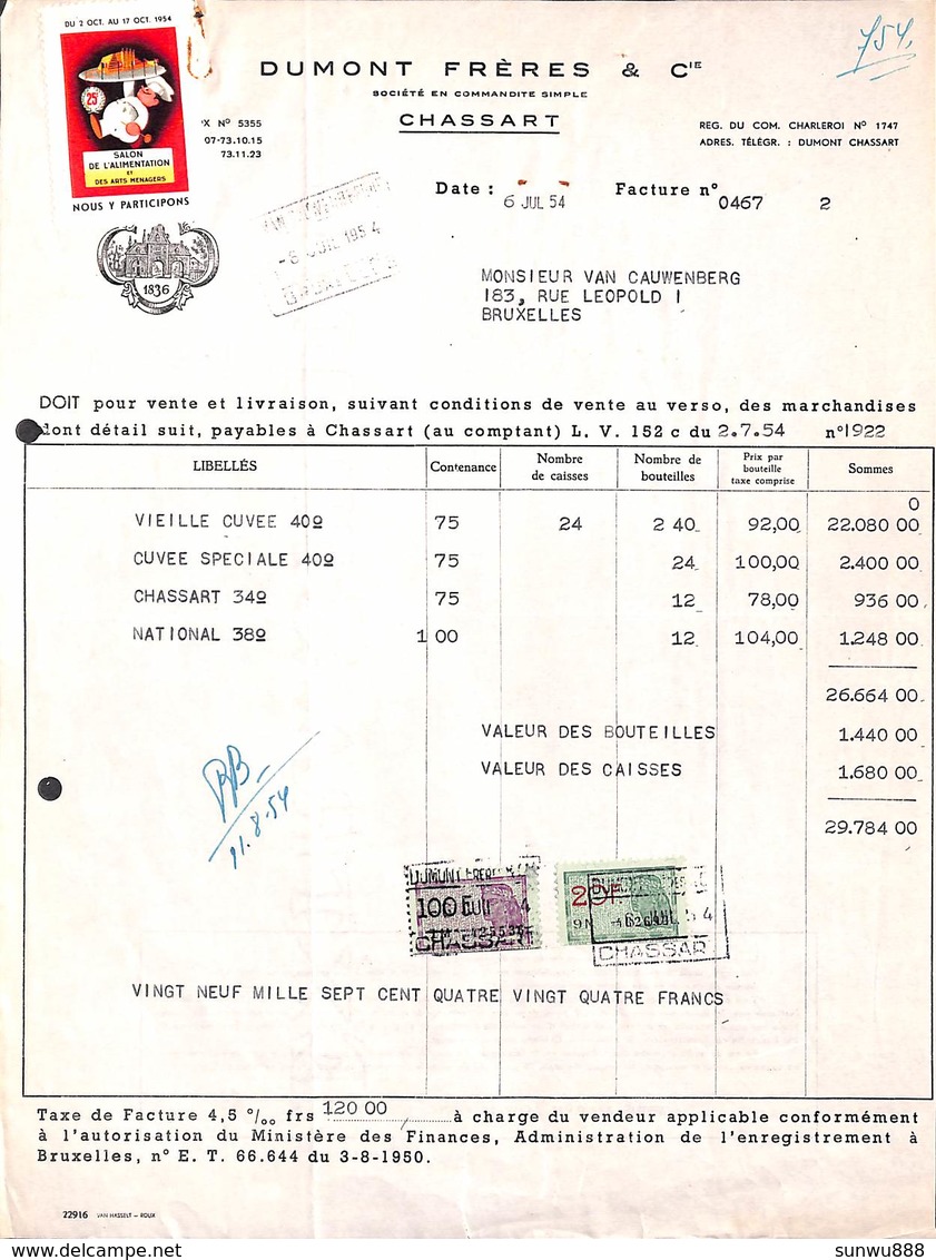 Distillerie Dumont Frères - Chassart (Illustrée Timbres) 1954 - 1950 - ...