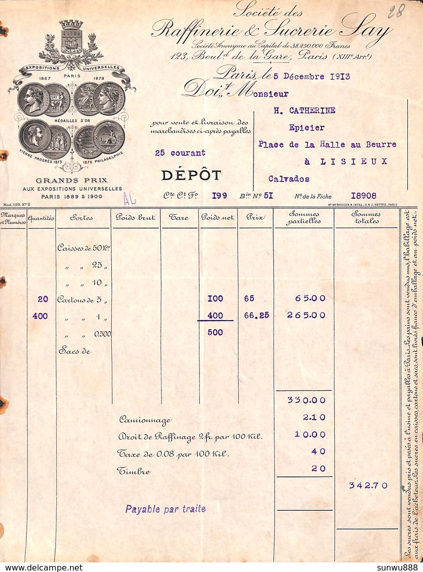 Raffinerie Sucrerie Say, Paris - Facture 1913, Illustrée - 1900 – 1949