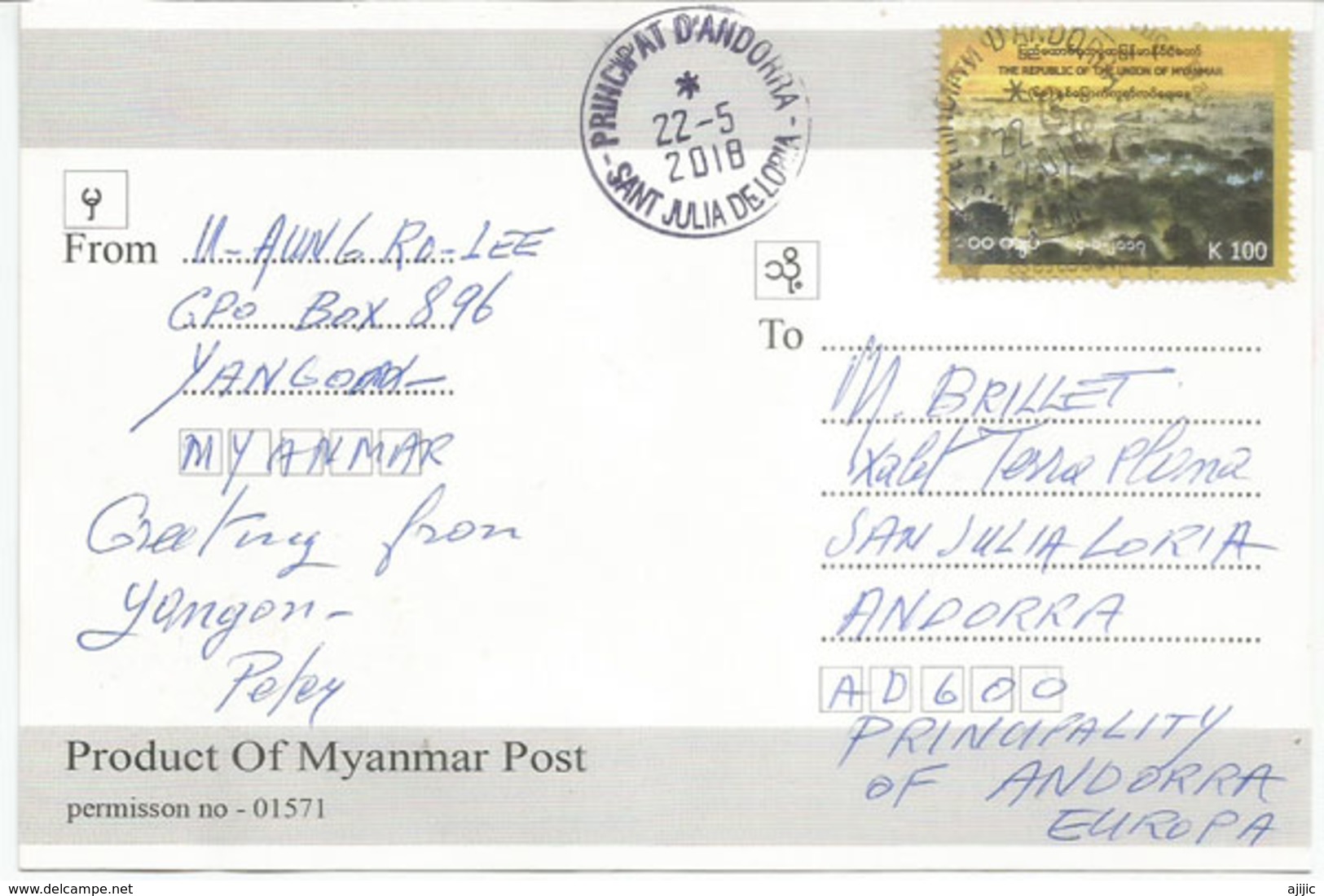 Yangon Pagodas In Early Morning, Postcard Sent To Andorra, With Arrival Postmark - Myanmar (Burma)