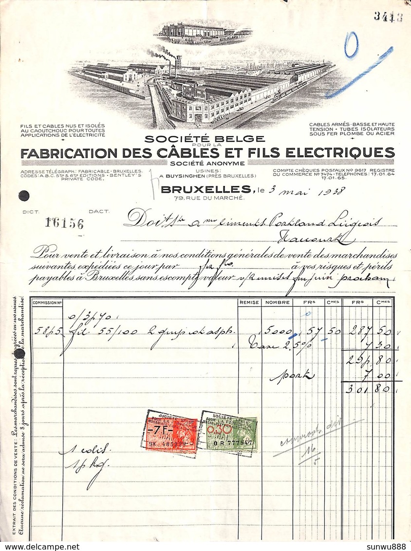 Fabrication Des Câbles Et Fils électriques, Bruxelles (illustrée, Timbres, 1938) - 1900 – 1949