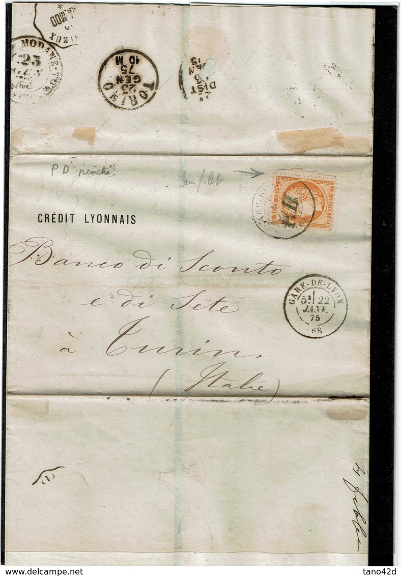 LCA4 - CERES 40c SUR LSC LYON / TURIN 22/1/1875 CACHET "PD" PENCHE - 1870 Siege Of Paris