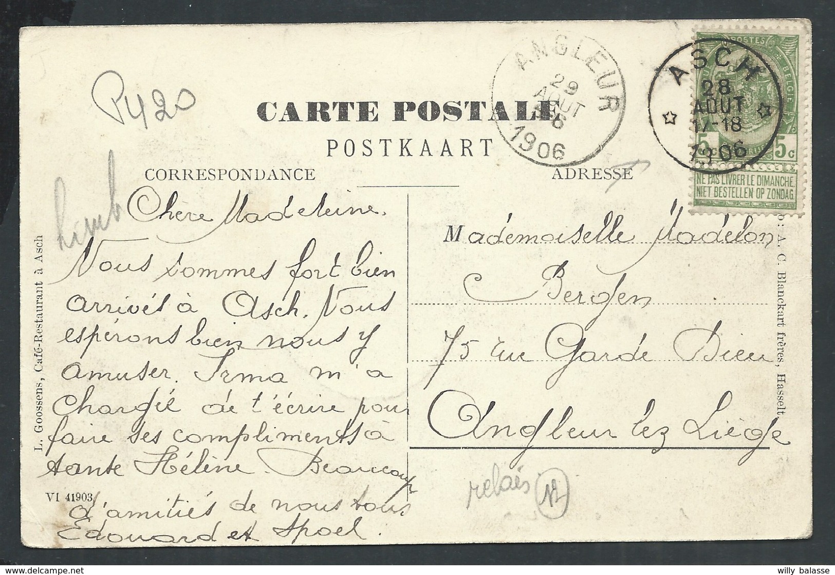 +++ CPA - ASCH - AS - Campine Limbourgeoise - Hôtel Du Bon Air - Cachet Relais 1906   // - As