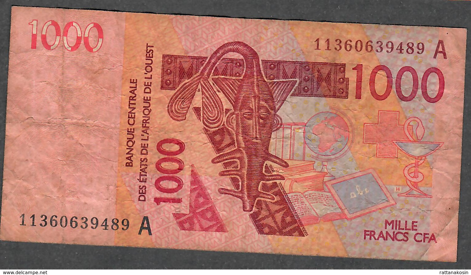 W.A.S. LETTER A IVORY COAST  P115Ak 1000 FRANCS (20)11 F-VF NO P.h. ! - West African States