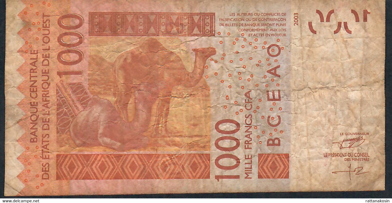 W.A.S. LETTER A IVORY COAST  P115Ak 1000 FRANCS (20)11 F-VF NO P.h. ! - Stati Dell'Africa Occidentale