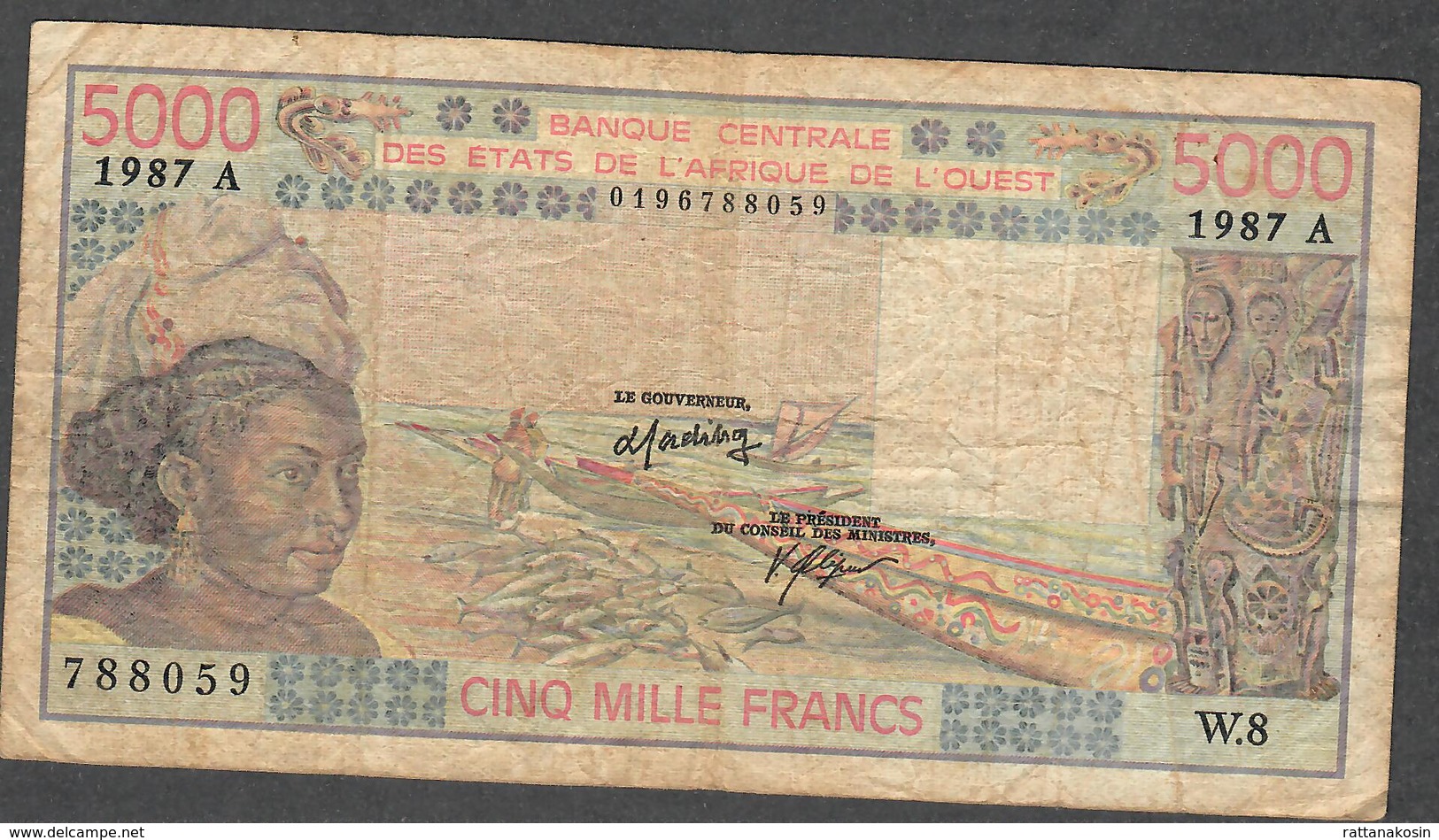 W.A.S. LETTER A IVORY COAST  P108Ap  5000 FRANCS 1987 F-VF NO P.h. ! - États D'Afrique De L'Ouest