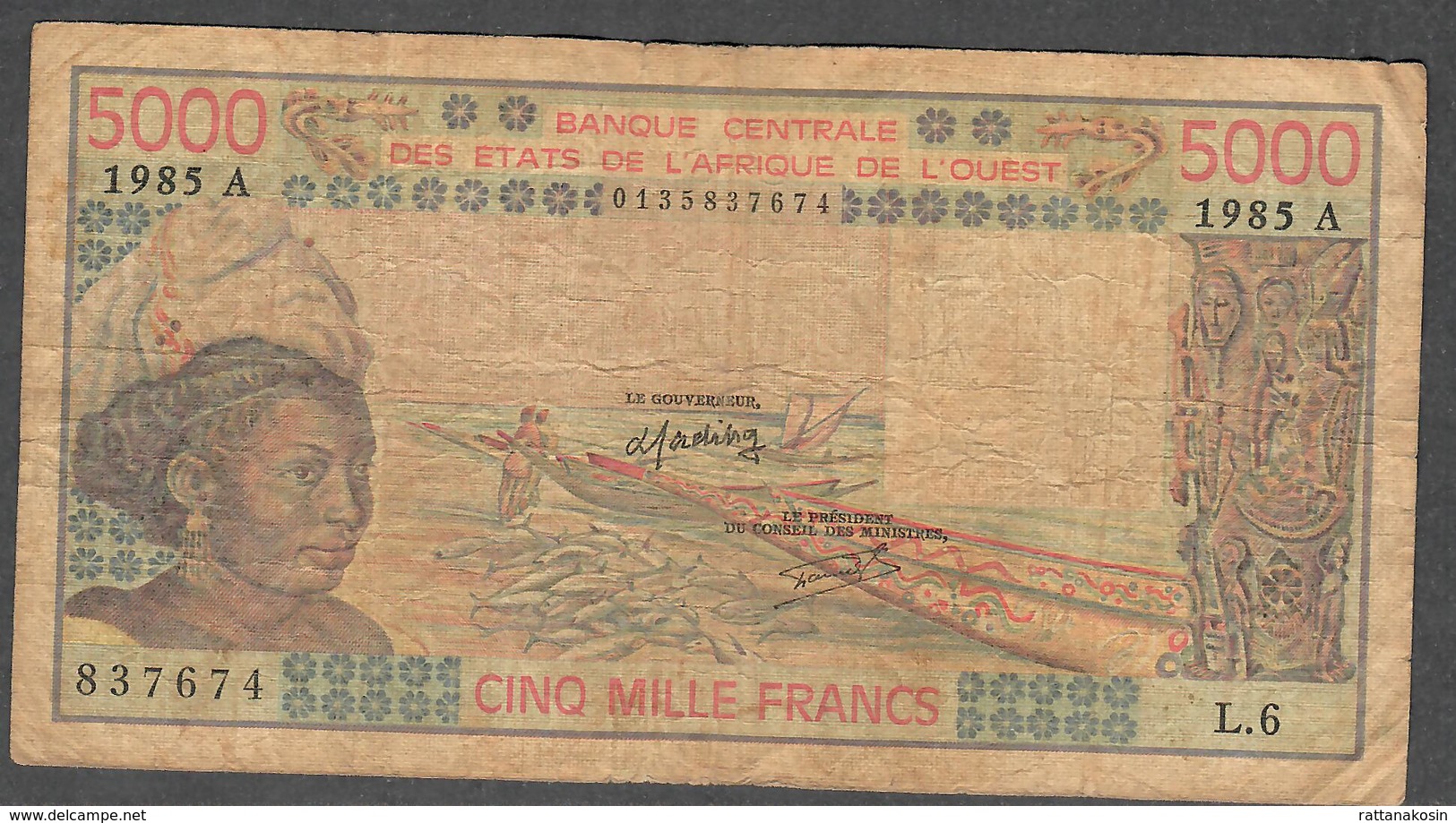 W.A.S. LETTER A IVORY COAST  P108An  5000 FRANCS 1985 F-VF NO P.h. ! - États D'Afrique De L'Ouest