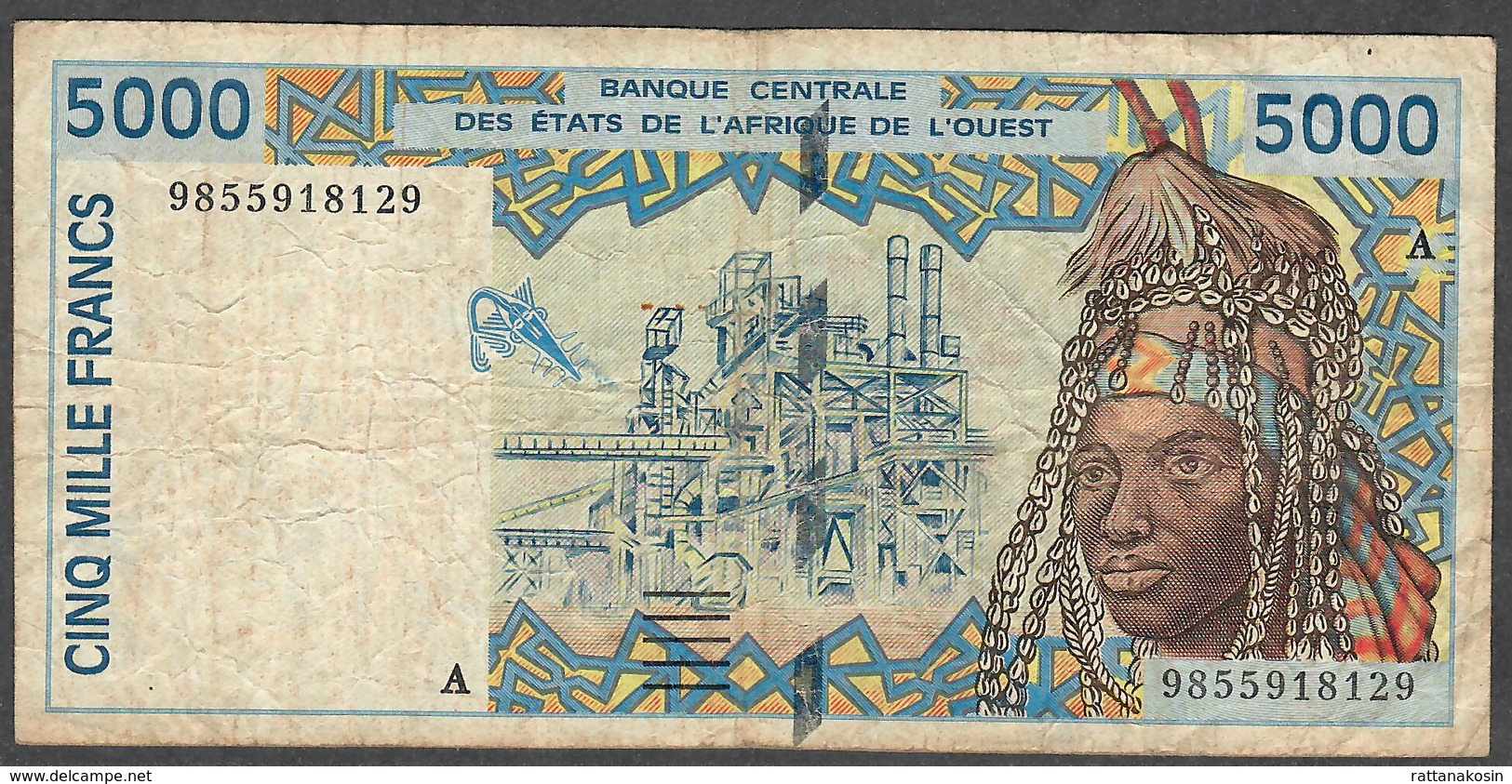 W.A.S. LETTER A IVORY COAST  P113Ah  5000 FRANCS (19)98 Signature 29 F-VF Only 1 P.h. ! - West-Afrikaanse Staten