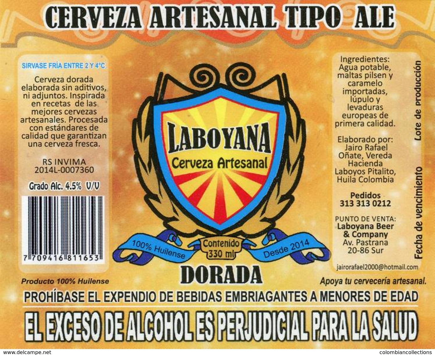 Lote EC57, Colombia, Beer Label, Cerveza Artesanal Laboyana, Pitalito, Huila, 6 Diferentes, Etiqueta De Cerveza - Cerveza