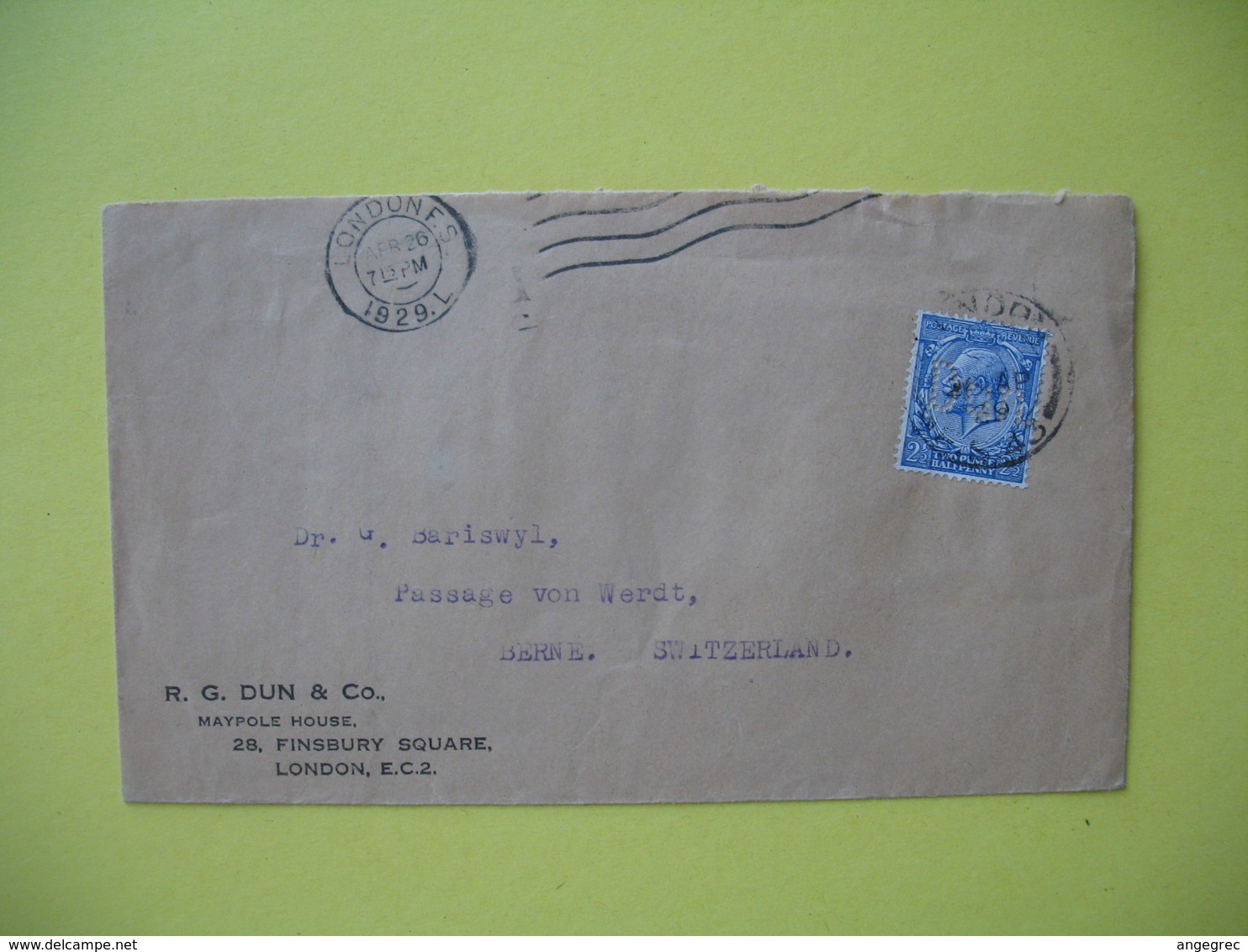 Lettre Perforé Perfin  DUN&C°  R.G. Dun  & CO.  Post Office London To Berne Switzerland  1929 - Perforés