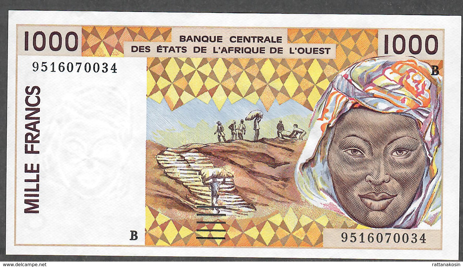 W.A.S. LETTER B BENIN  P211Bf  1000 FRANCS (19)95 AU-UNC - États D'Afrique De L'Ouest