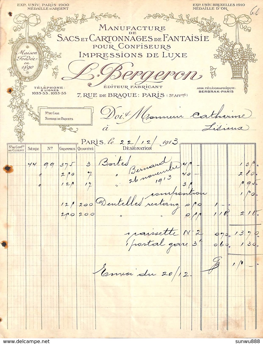 Paris - Manufacture Sacs Et Cartonnages De Fantaisie Pour Confiseurs L. Bergeron 1913 - 1900 – 1949