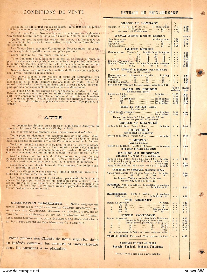 Paris - Chocolat Lombart Thé Confiserie Fine 1913, Prix-courant Au Dos - 1900 – 1949