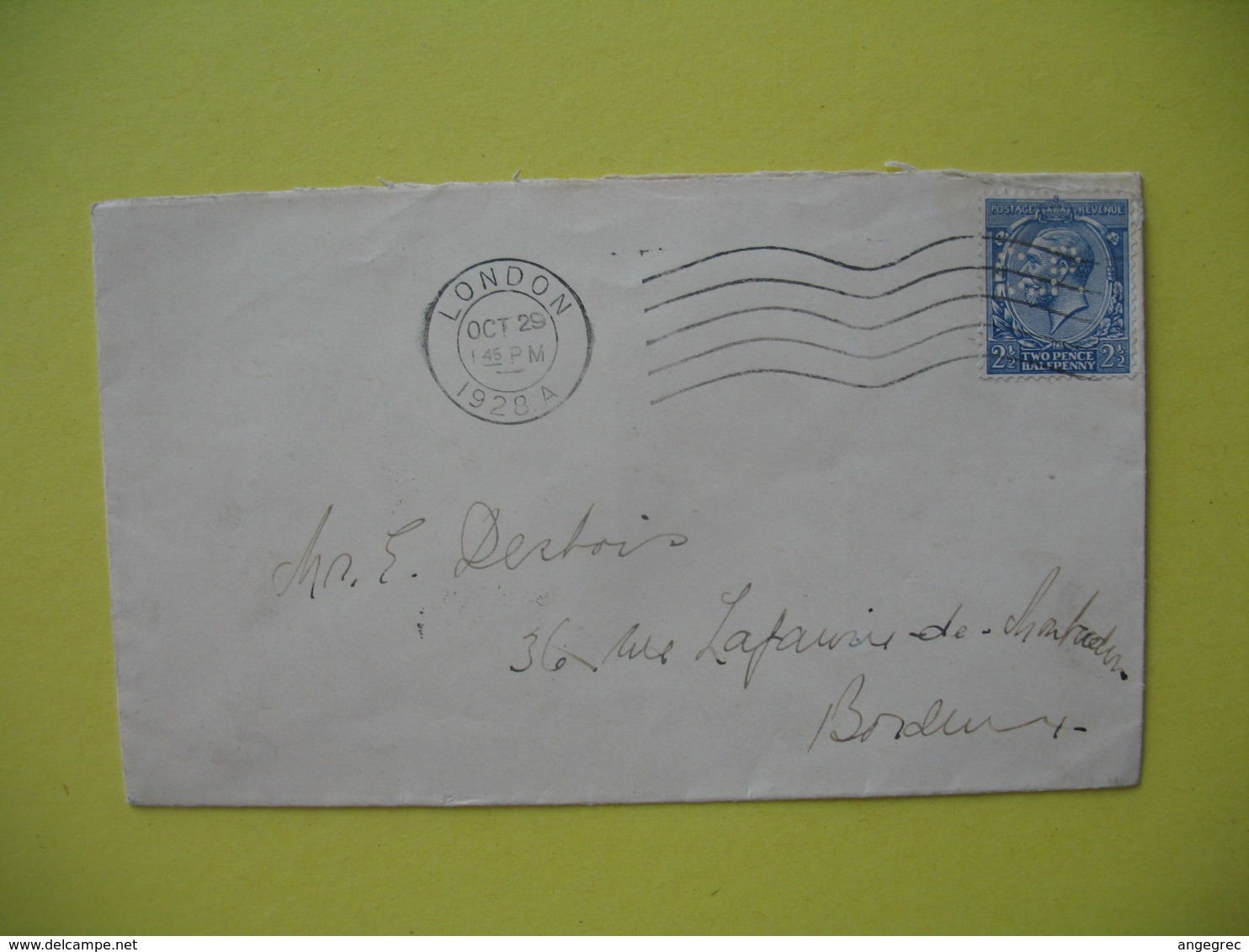 Lettre Perforé Perfin  CP Post Office London To France Bordeaux  1928 - Perforés