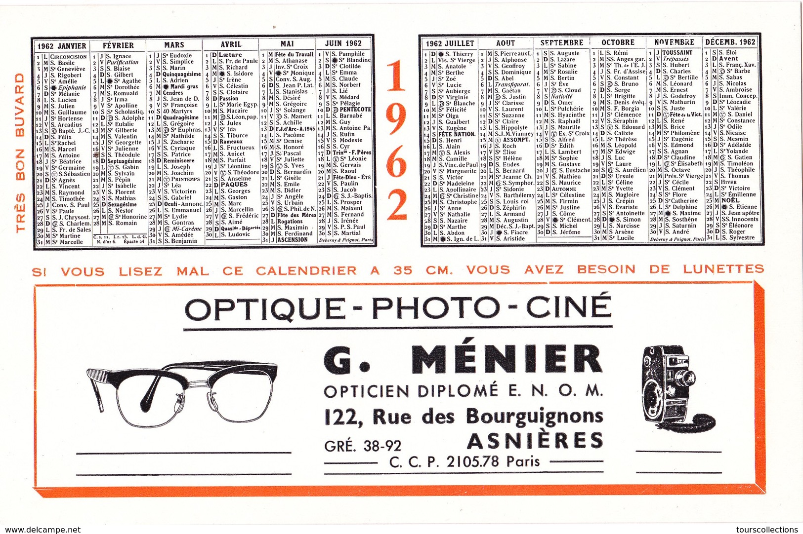 BUVARD RIGIDE épais De 1962 (calendrier) Optique Photo Ciné Asnières (92) G. Ménier - O