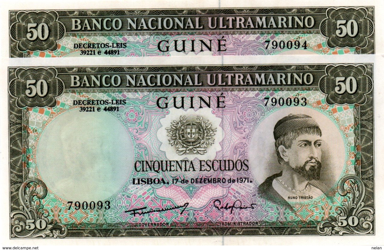 BANCONOTA GUINEEA PORTUGHESA 50 ESCUDOS 1971 P-44a CONSECUTIVE-UNC-BANCO NACIONAL ULTRAMARINO - Guinea Equatoriale