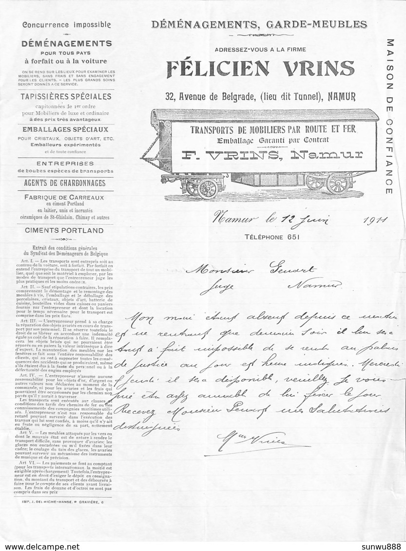 Namur - Déménagements, Garde-meubles Félicien Vrins (Illustrée, 1911, Agents De Charbonnages) - 1900 – 1949