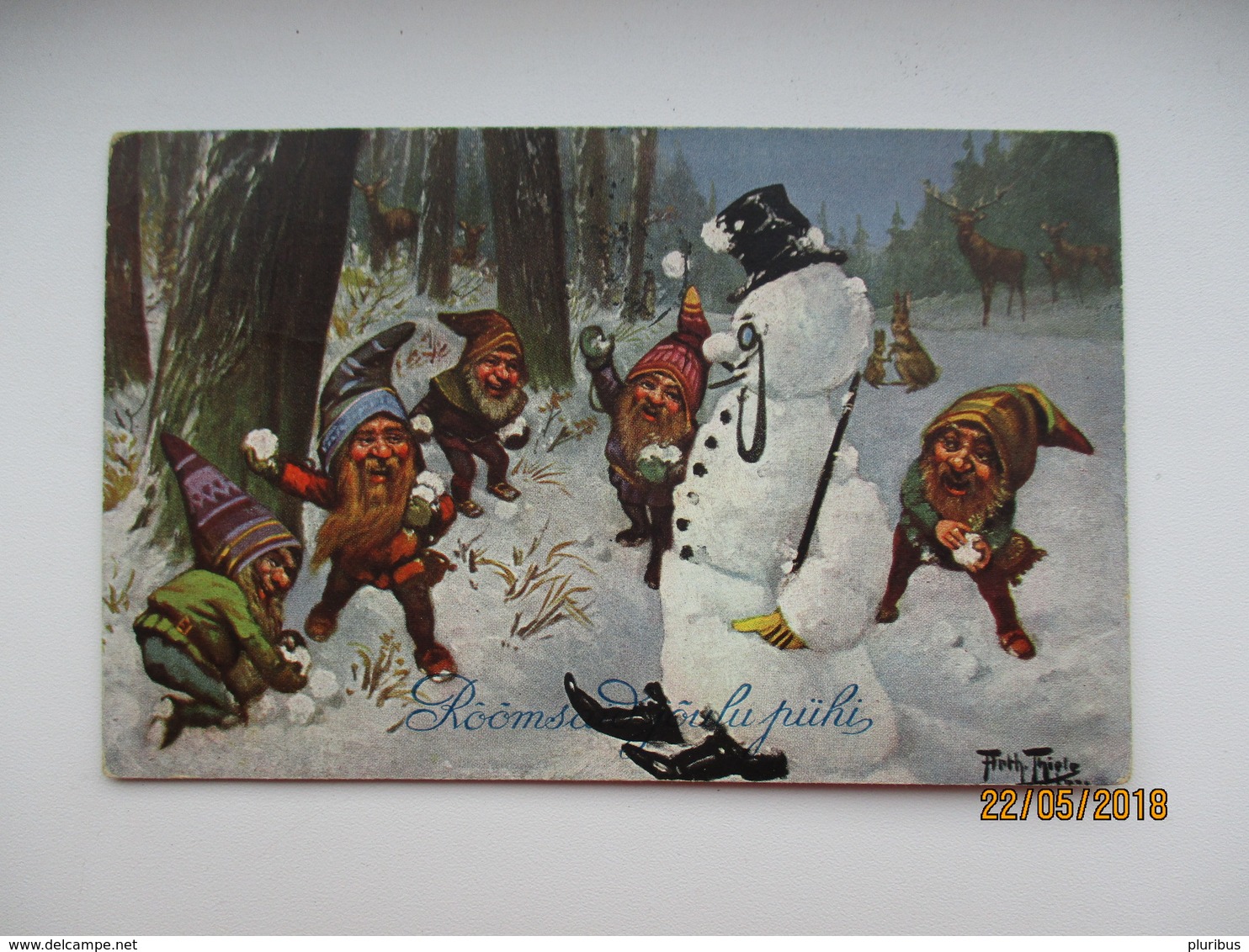 SNOWMAN AND DWARS GNOMES PLAYING SNOWBALLS   ,  SIGNED THIELE  , OLD  POSTCARD , 0 - Thiele, Arthur