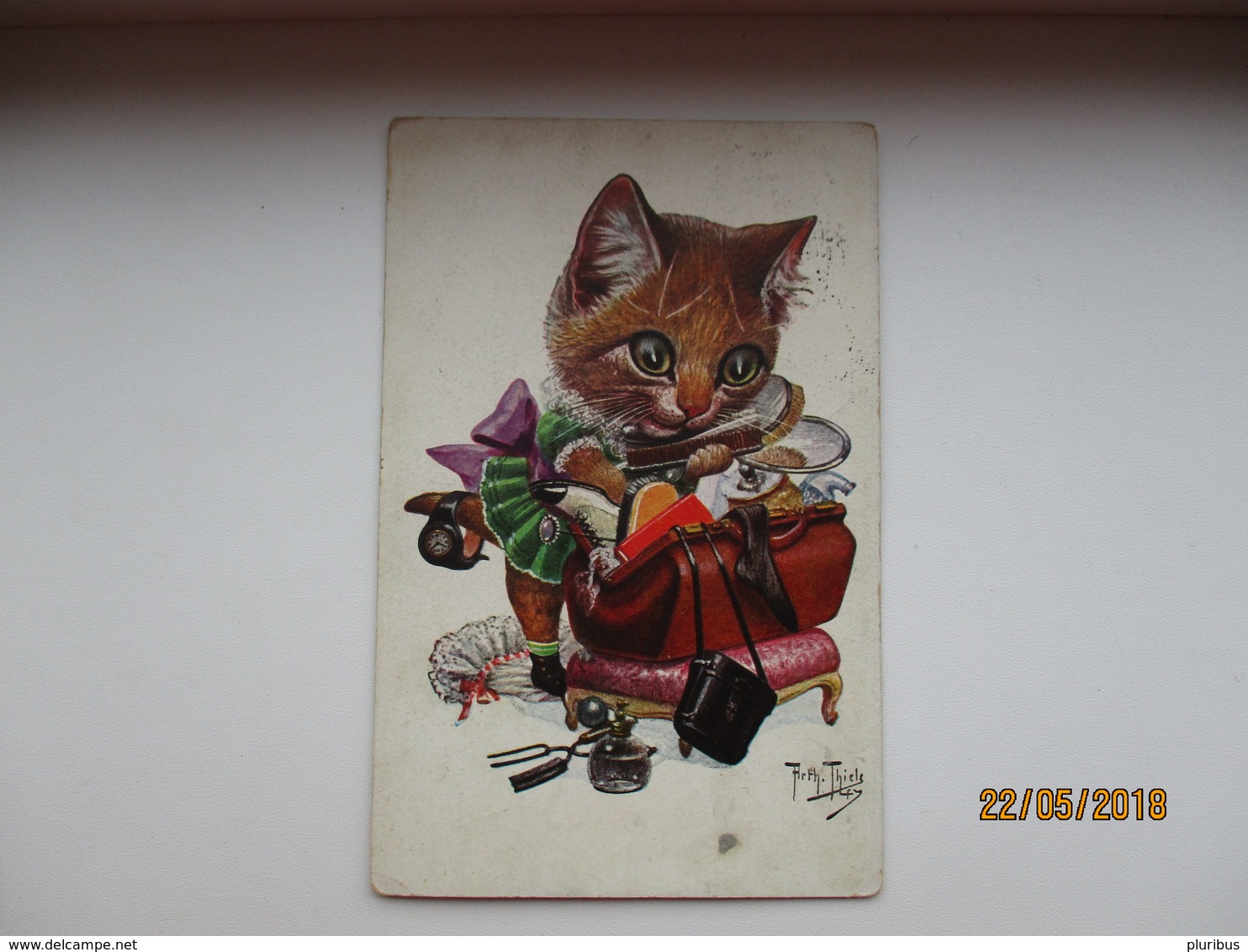 CAT KITTEN WITH COSMETICS BAG    ,  SIGNED THIELE  , OLD  POSTCARD , 0 - Thiele, Arthur