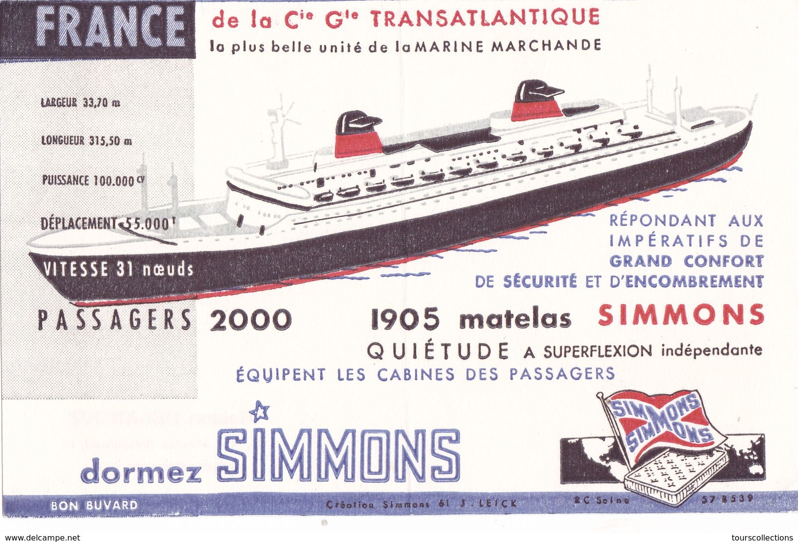 BUVARD Matelas Simmons Paquebot France Bateau Navire Compagnie Transatlantique Marine Marchande 31 Noeuds 2000 Passagers - M