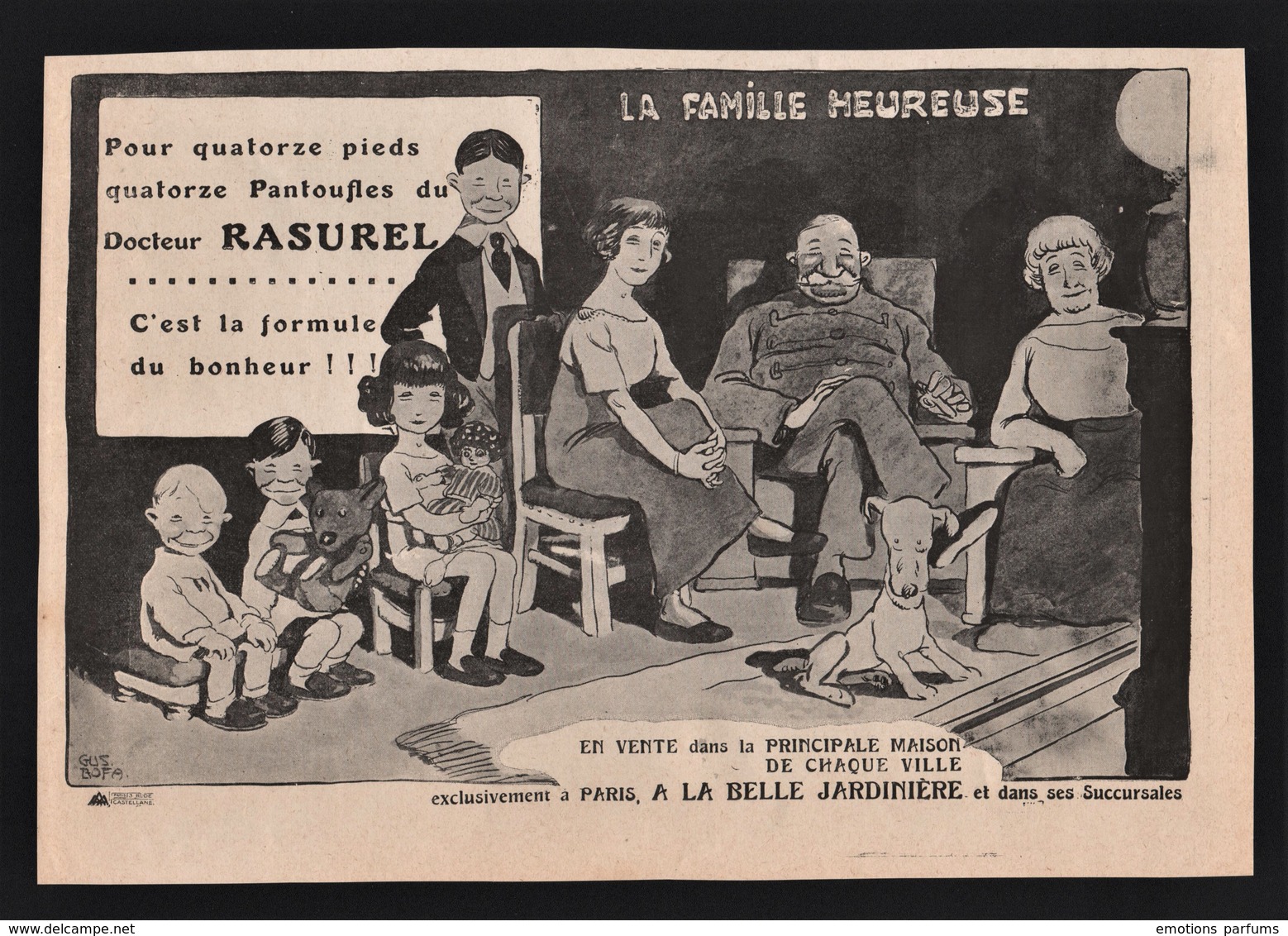 Pub 1912 Mode Sous Vetement  Rasurel Famille Heureuse Pantoufles Pantoufle Chien Enfant Bebe Ours Dessin GUS BOFA - Werbung