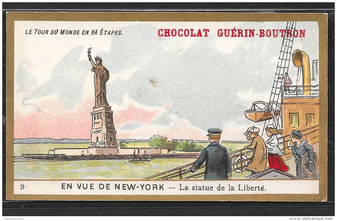 Chromo Chocolat Guérin Boutron - Cadre Doré, Amérique, Statue De La Liberté, Voilier, Bateau, Boat, Liberty - Guérin-Boutron