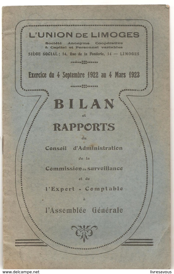 L'Union De Limoges Bilan Et Rapports Exercice Du 4 Septembre 1922 Au 4 Mars 1923 - Limousin