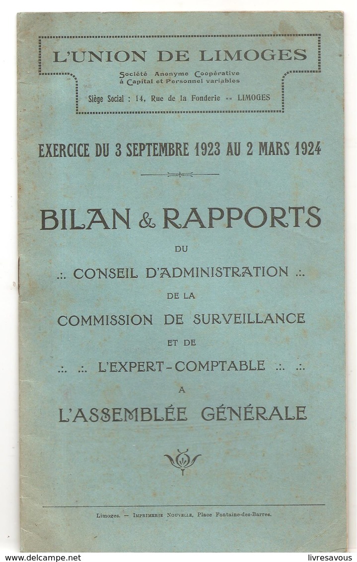 L'Union De Limoges Bilan Et Rapports Exercice Du  3 Septembre 1923 Au 2 Mars 1924 - Limousin
