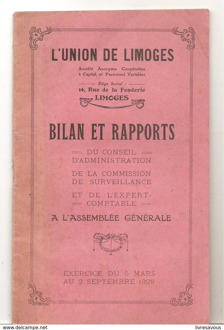 L'Union De Limoges Bilan Et Rapports Exercice Du  5 Mars 1928 Au 2 Septembre 1928 - Limousin
