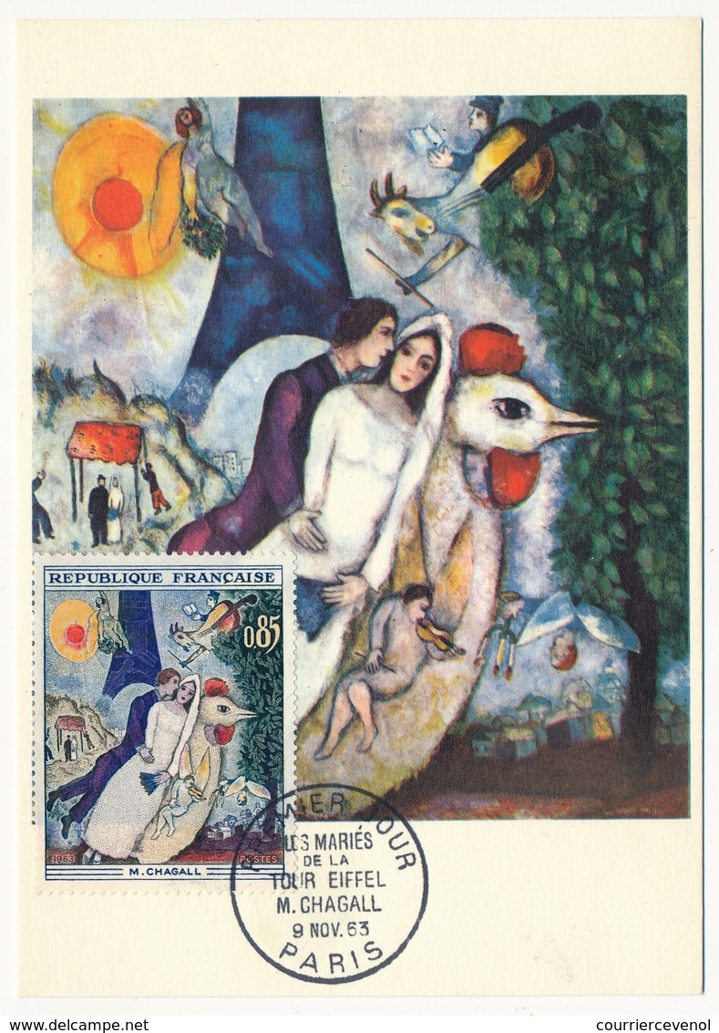 FRANCE - Carte Maximum - 0,85 CHAGALL - Mariés De La Tour Eiffel - Premier Jour - Paris 1963 - 1960-1969