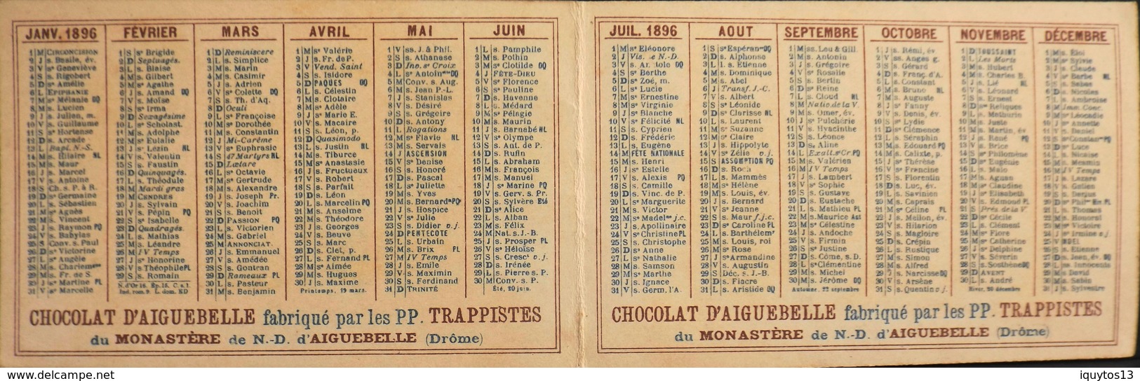 PETIT CALENDRIER DORE De 1896 - Chocolat D'Aiguebelle Fabriqué Par Les TRAPPISTES Du Monastère De N-D. D'Aiguebelle -TBE - Klein Formaat: ...-1900