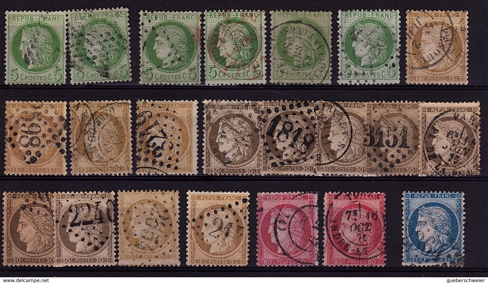 FR-CL75 - FRANCE Lot De 22 Val. Type Cérès Variétés De Teintes Et D'oblitérations Côte 170 € - 1871-1875 Cérès