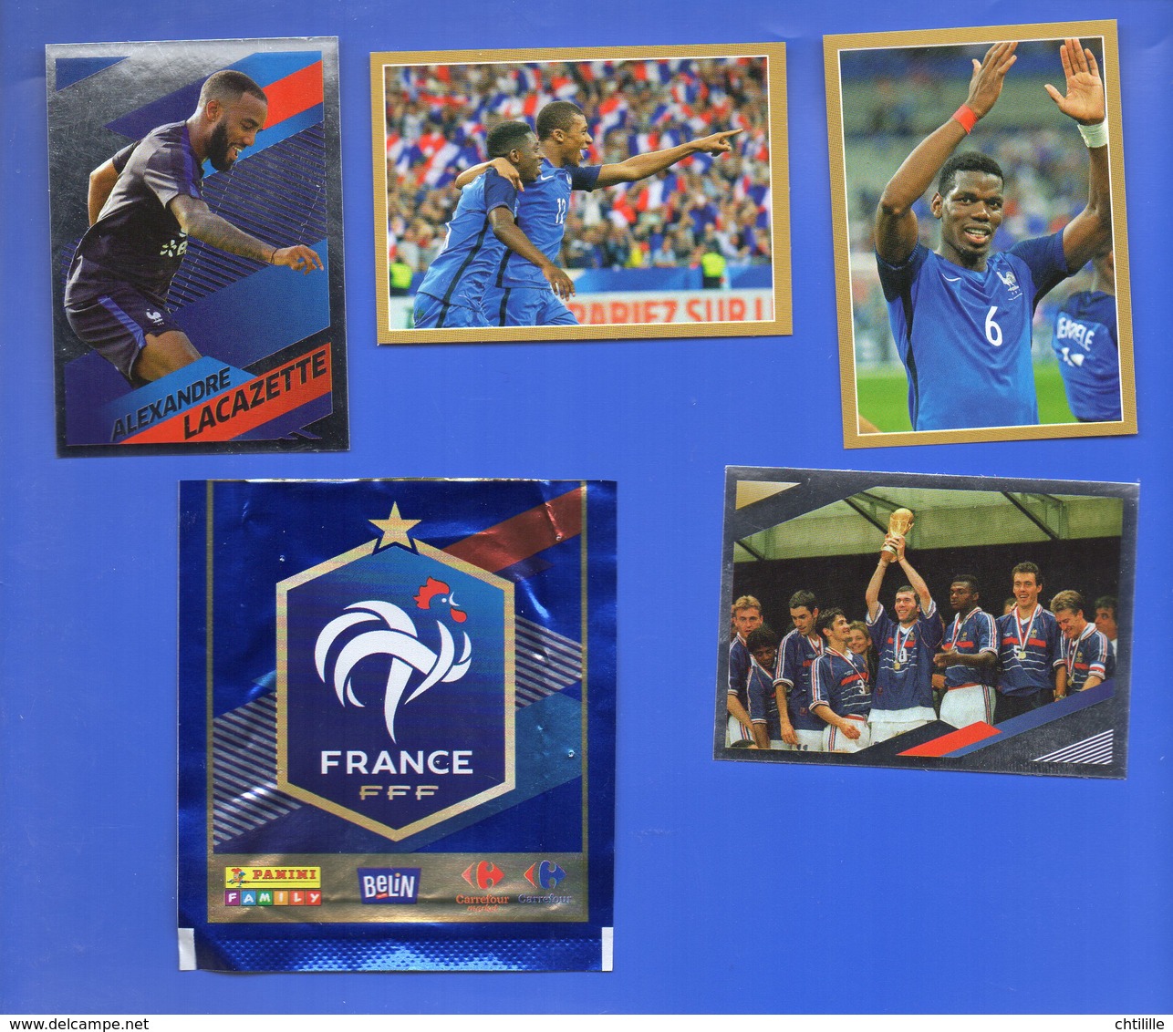DT214S LOT 4 CARTES FOOT EURO PANINI FAMILY BELIN FIERS ETRE BLEU 2018 Carrefour FOOTBALL N°81/35/69/47 LACAZETTE - French Edition