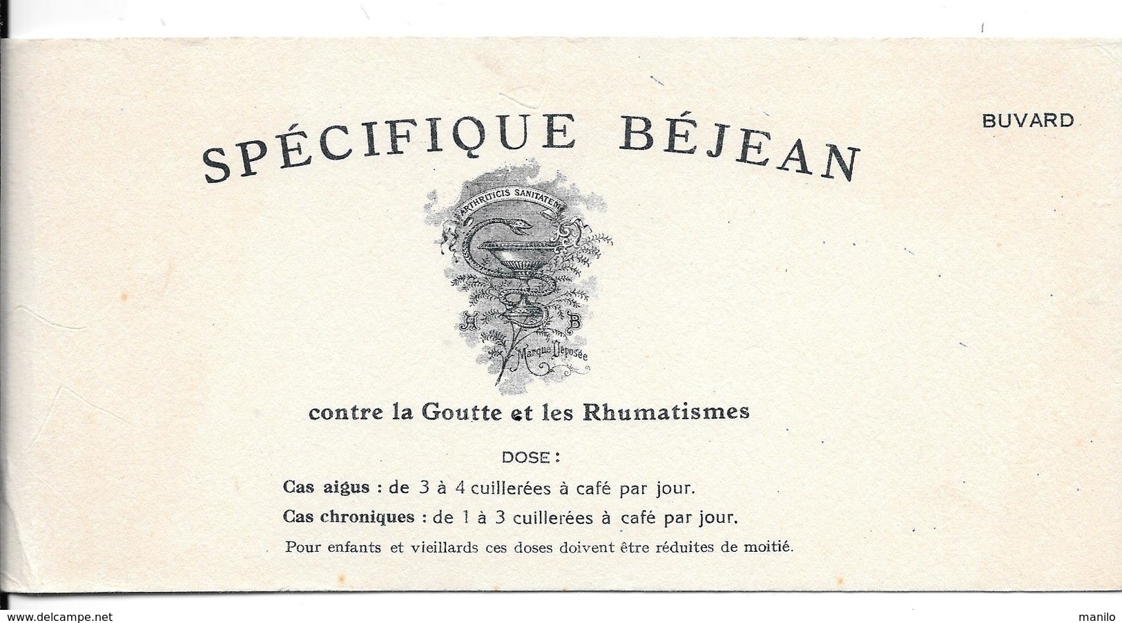 Buvard Ancien Produit Pharmaceutique - SPECIFIQUE BEJEAN - Lithographie Caducée A.B. Contre GOUTTE Et RHUMATISMES - Droguerías