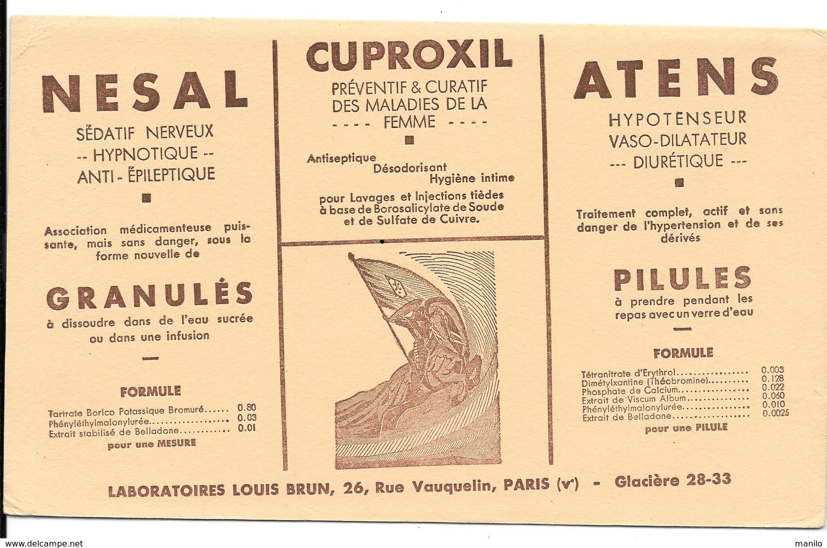 Buvard Ancien Produit Pharmaceutiques - LABORATOIRES LOUIS BRUN Paris - Lithographie -NESAL, CUPROXIL,ATENS - Droguerías