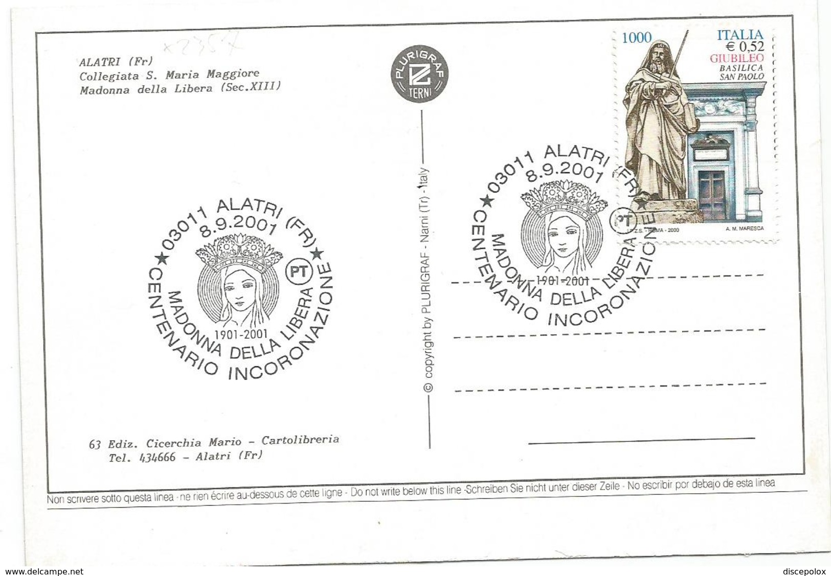 X2357 Alatri (Frosinone) - Collegiata S. Maria Maggiore - Annullo Speciale Centenario Madonna Della Libera 2001 - Altri & Non Classificati