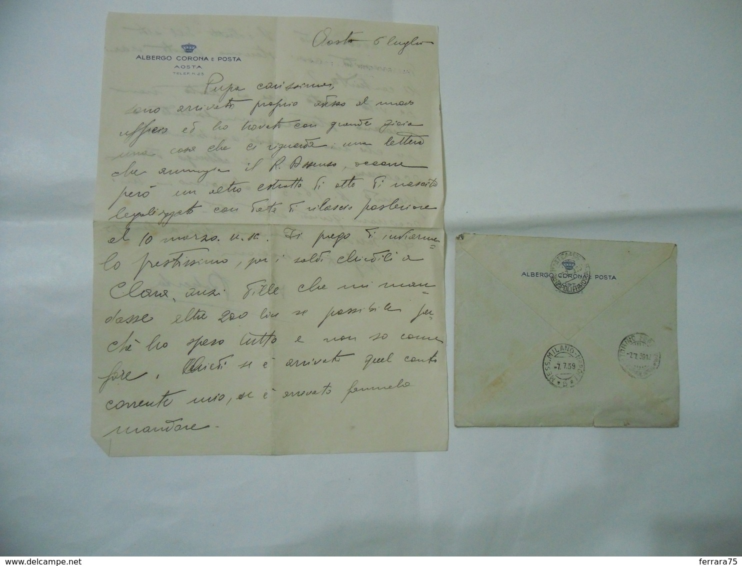 AOSTA:BUSTA+LETTERA ALBERGO CORONA  E POSTA SAINT VINCENT 1939. - Documents Historiques